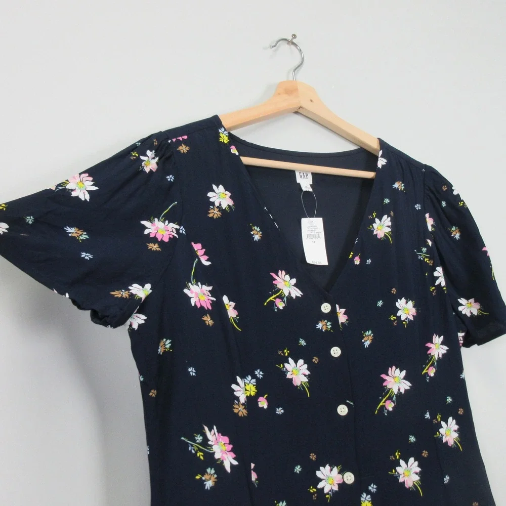 GAP Women's Navy Floral Print Button Front Midi Dress Size 12 - Picture 2 of 13